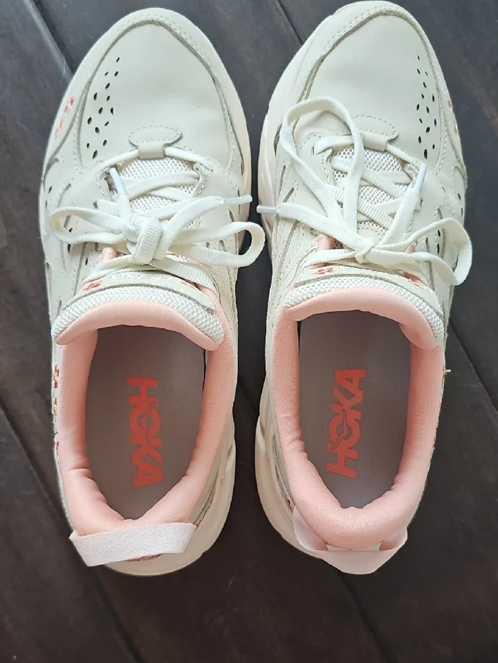 Hoka Women's Cream Athletic Sneakers with Pink/Peach Accents with Floral Details - Picture 7 of 8